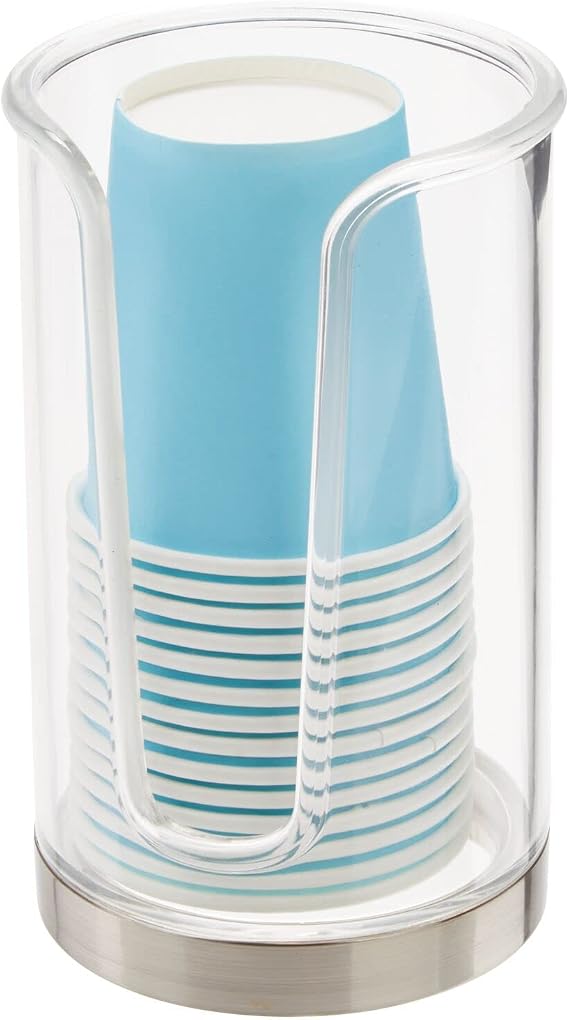 mDesign Plastic Small Compact Disposable Paper Cup Dispenser, Mouthwash Rinsing Cups Storage Holder for Bathroom Vanity Countertops, Makeup Table, Powder Room, Lumiere Collection, Clear/Brushed Chrome