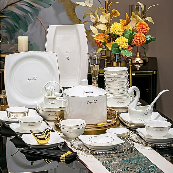 56Pcs Dinnerware Sets Bone Ceramic Bowls Plates Chopsticks Luxury Tableware Set for Home Kitchen Housewarming Gift
