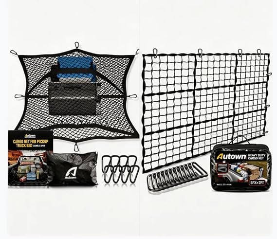 AUTOWN 2 Pack Truck Bed Cargo Net, Heavy Duty & Fine Mesh Bundle