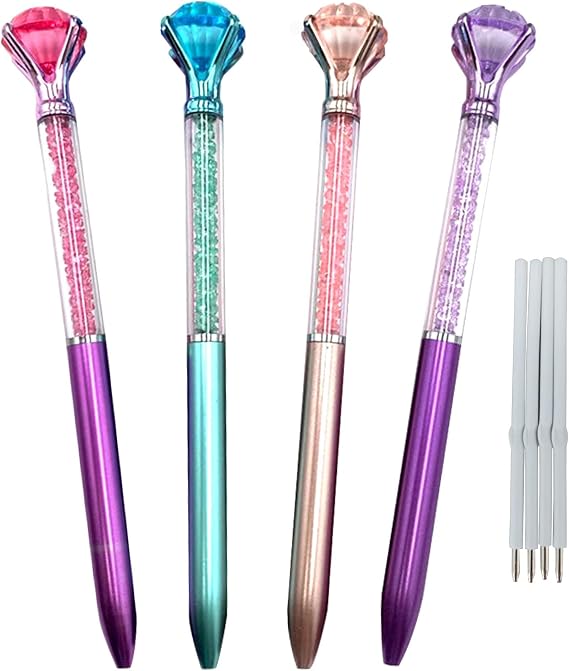Diamond Pens Pack of 4 Cute Ballpoint Pen Retractable Ballpoint Pen gem pen Rhinestones Crystal Bling Plated Metal Color Blue Gel Ink Office Supplies Gifts for Women (4 pens)...