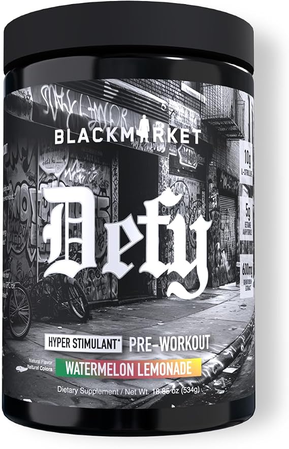 BLACKMARKET DEFY High-Stimulant Pre-Workout Powder | 450mg Caffeine, Eria Jarensis, Dendrobium, L-Citrulline | Watermelon Lemonade Flavor | Intense Energy, Pump & Focus | 40/20 Servings