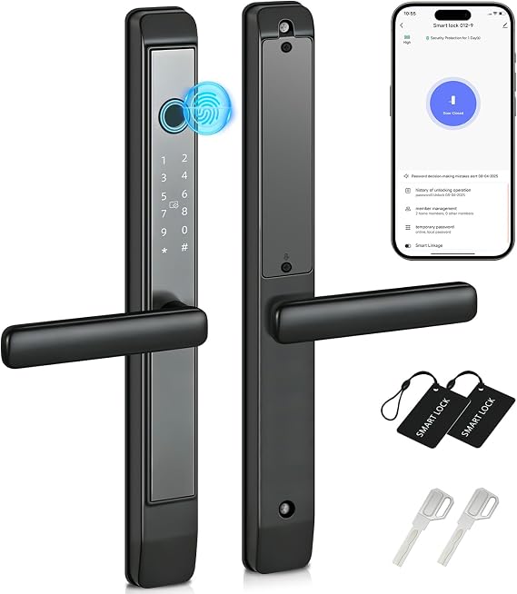 Smart Front Door Lock with Handle Fingerprint + Keypad + RFID + App Control for Composite/UPVC/Aluminium/Timber/Steel Doors(Black)