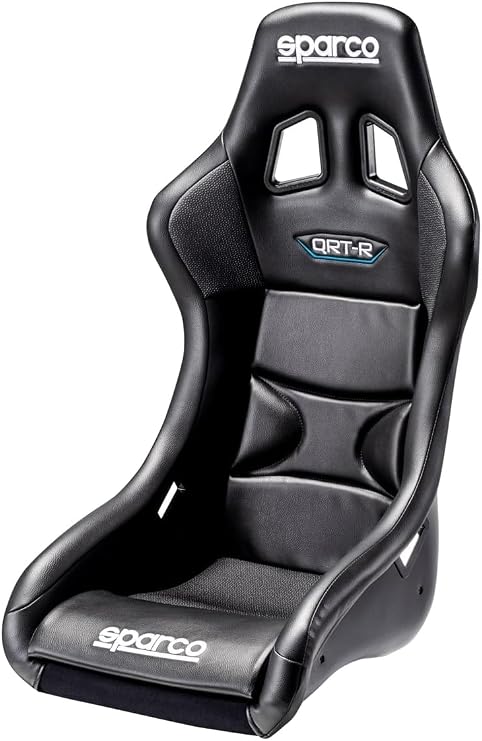 Sparco Seat, QRT-R, Non-Reclining, FIA Approved, Side Bolsters, Harness Openings, Fiberglass Composite, Fire-Retardant Non-Slip Fabric, Vinyl, Black, Each