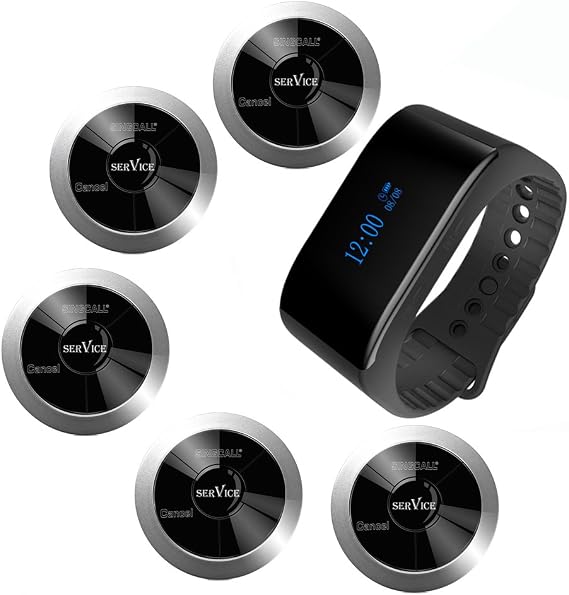 Wireless Restaurant Table Call System, 1 Watch Receiver & 5 Pagers | Restaurant Pager System, Dinner Bell Call Waiter, IP65 Waterproof Mobile Receiver & Call Button, For Hotel/Factory/Gym/Cafe