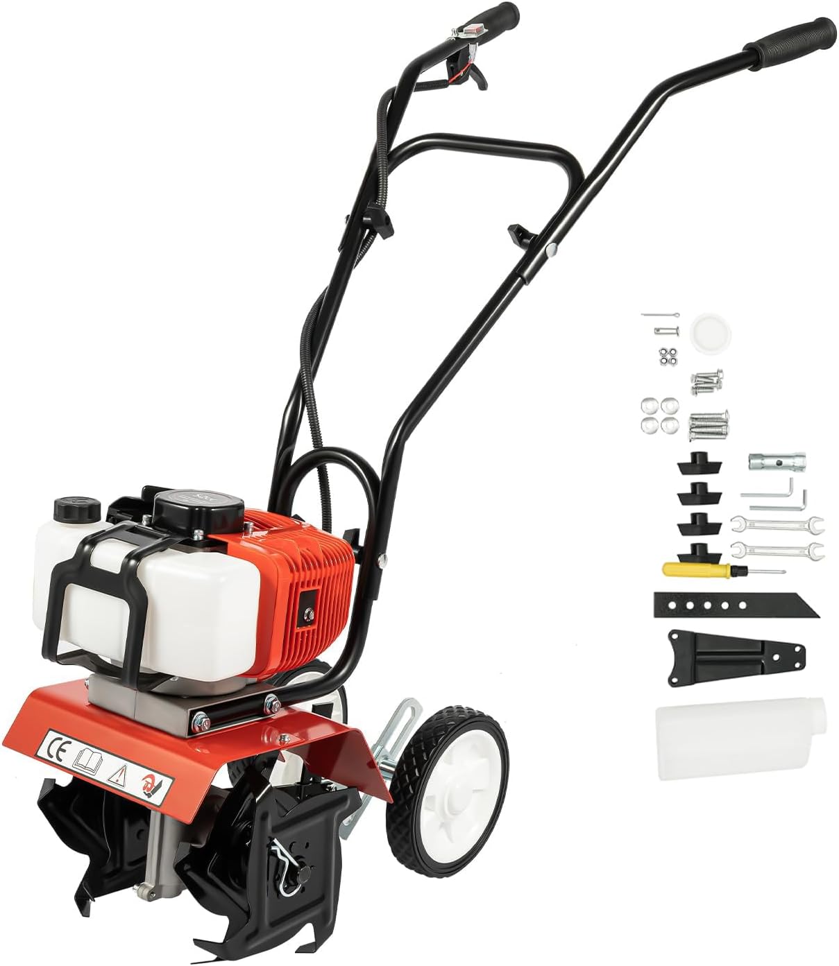 Garden Petrol Tiller, 52cc 2 Stroke Lawn Soil Cultivator Rotovator with 4 Tiller Blades, 1900W 6500-7000rpm, 30cm Cutting Width and 3-12cm Cutting Depth