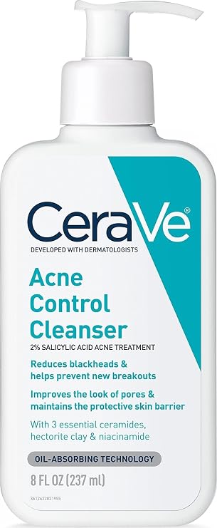 CeraVe Acne Control Cleanser, Face Wash with 2% Salicylic Acid, 8 oz | Skin Care with Niacinamide, Acne Face Wash, Acne Treatment For Face, Ceramides, Fragrance Free, Gentle, Oil Absorbing Clay