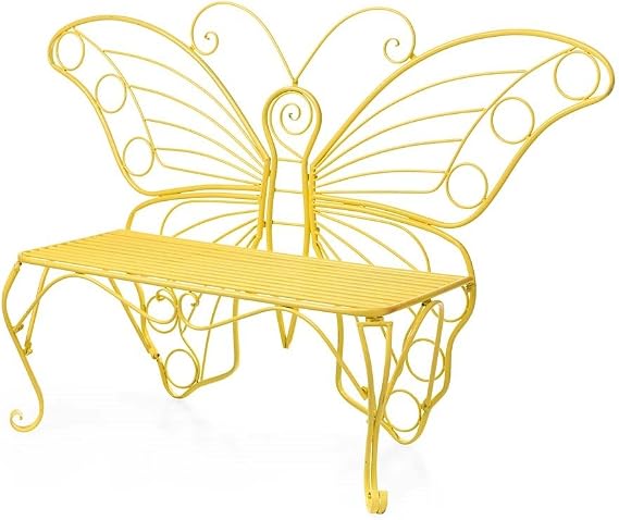 Plow & Hearth Weatherproof Butterfly Outdoor Bench | Holds Up to 300 lbs | Garden Patio Porch Park Deck | Metal | Yellow
