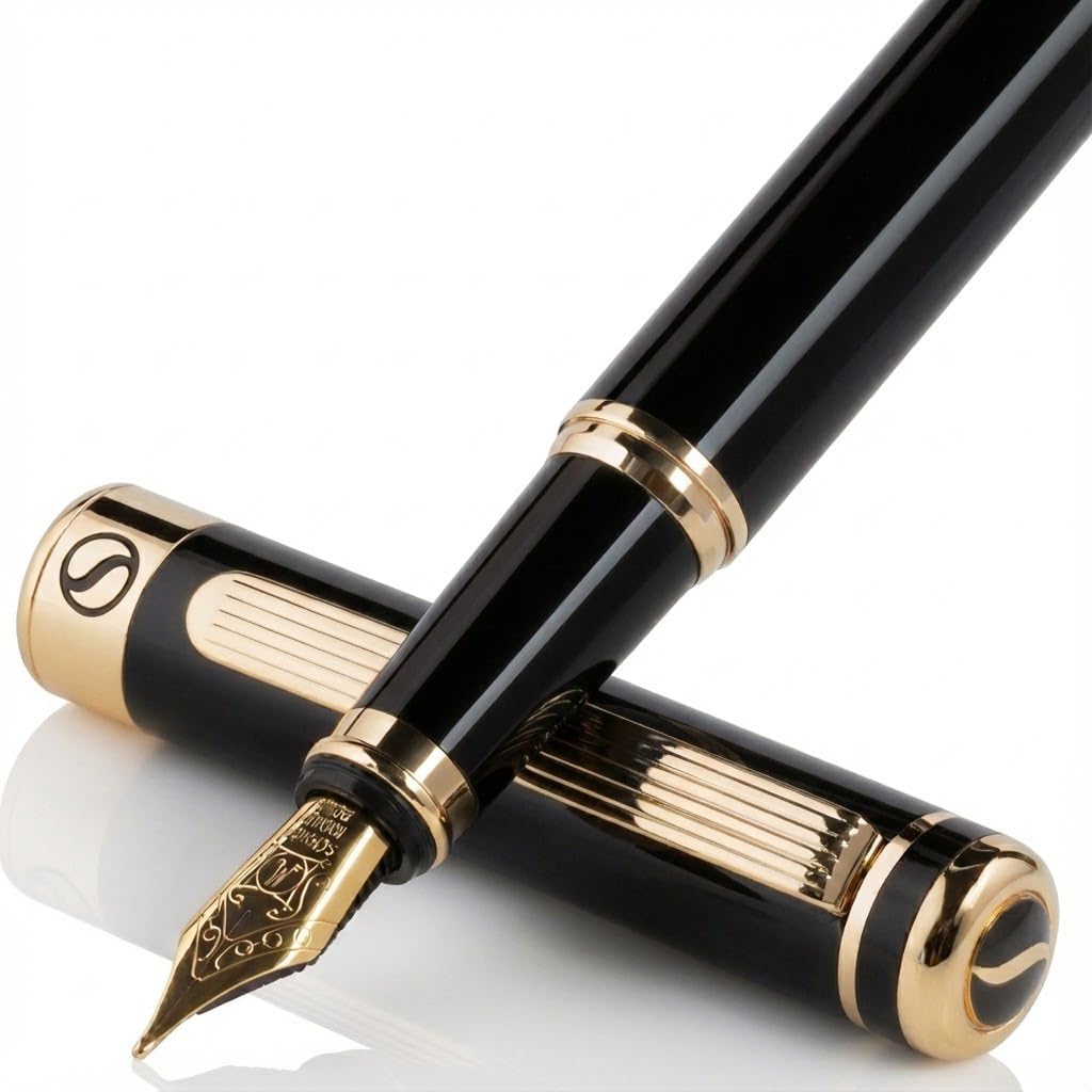 Scriveiner Black Lacquer Fountain Pen - Stunning Luxury Pen, Real Gold Plating, Schmidt Gilded Nib Medium, Best Pen Gift Set for Men & Women, Professional, Executive, Office, Nice Pens