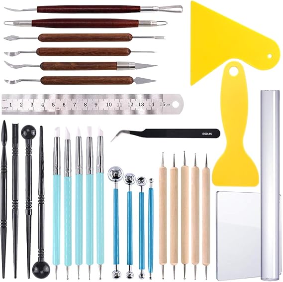 Glarks 30Pcs Carving Modeling Clay Sculpting Tool Set Including Ball Stylus, Dual-End Dotting Clay Tool, Pottery Sculpture Tool, Silicone Tip Pens, Scraper, Ruler, Acrylic Clay Roller, Acrylic Sheet