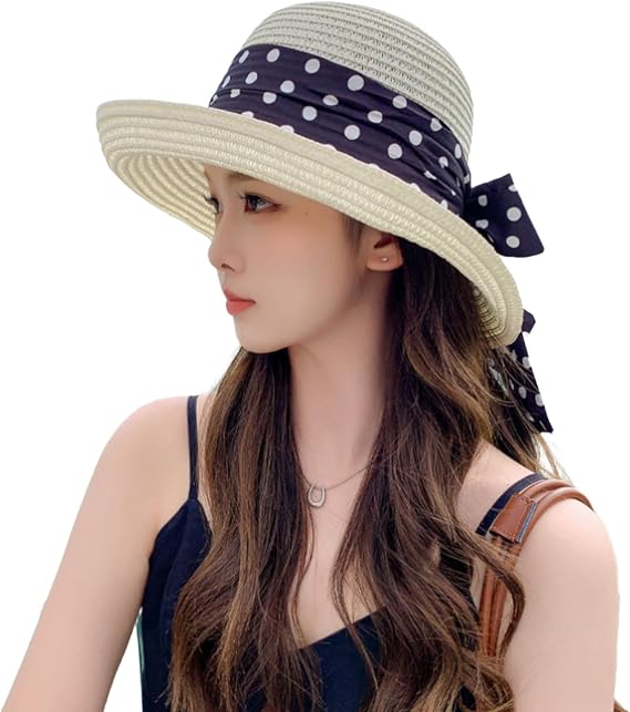 Straw Sun Hats Polka Dot Ribbon Summer Straw Fedora Floppy & Foldable Fashion Caps