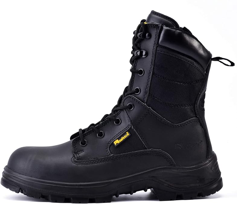 SAFEYEAR S3 Military Mens Work Boots,Black Heavy Duty Combat Army Safety Boots, 4E Wide Fit Steel Toe Cap, Waterproof Genuine Leather, Lace Up Site Tactical Police Security,High Ankle Zip Side
