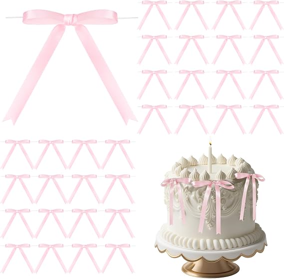 Riceshoot 50 Pcs Twist Tie Bows Satin Ribbon for Cake Craft Gift, Pink