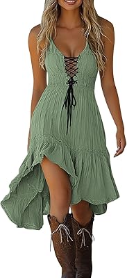Womens Gothic Mini Sling Dresses Fashion Cotton Linen with Wave Ripple Irregular Hem Lace up Corset Party Dress