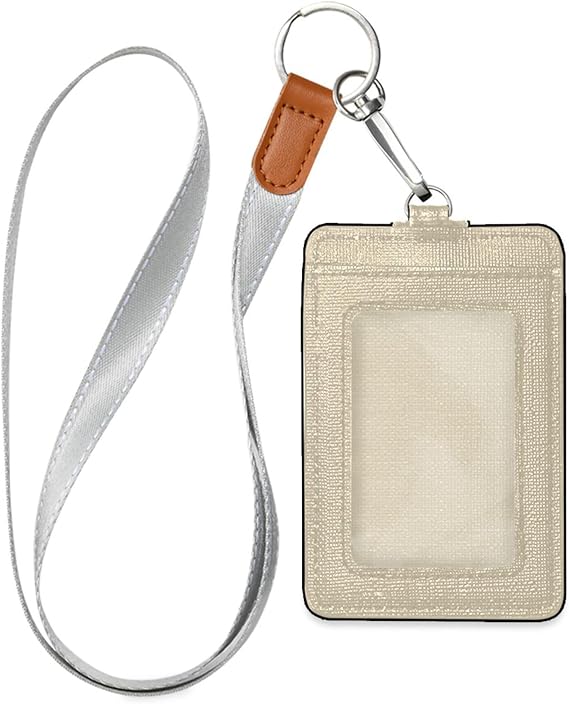 Beige Solid Color ID Badge Holder with Lanyard Leather Credit Card Holder with 1 Clear Window and 2 Card Slots for Office School Staffs