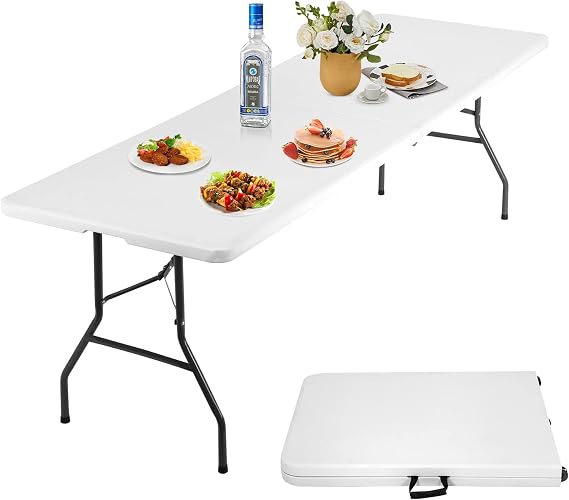 8FT Folding Table, Heavy Duty Foldable Table with Handle, Portable Fold-in-Half Utility Tables for Indoor & Outdoor Use Perfect for Camping BBQ Party Wedding Market Events, White