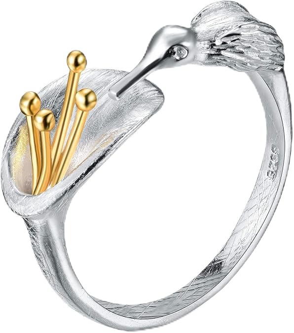 Lotus Fun S925 Sterling Silver Ring Hummingbird Ring Open Ring Handmade Jewelry Unique Gifts for Women