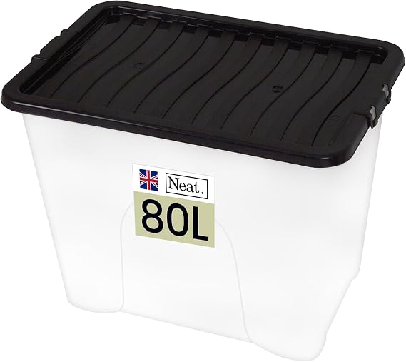 Neat. Plastics Large Plastic Storage Box With Black Clip-On Lids, Durable & Stackable Organizing Box Container For Home, Garage & Office, Single