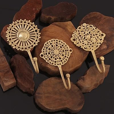 IndianShelf 3 Handmade Boho Brass Decorative Wall Hooks, Vintage Unique Gold Hooks for Hanging Keys, Towels, Bags, Coats- Shabby Chic Wall Mounted Coat Rack for Home Decor Entryway Bedroom Living Room
