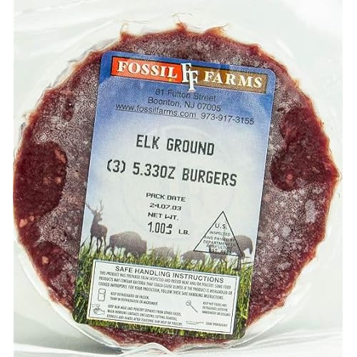 Fossil Farms Canadian Elk Burgers, Bulk Frozen Wild Game Patties, 5.3 oz Each, 12 Packages of 1 lb Each, 12 lb Case, Lean, Rich Elk Meat, Gourmet High-Protein Burgers Bulk