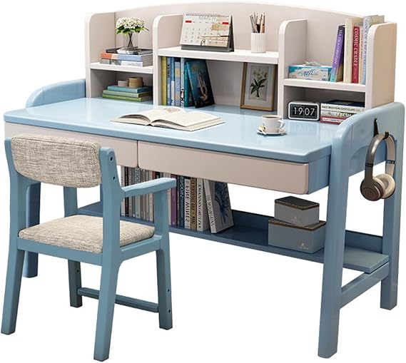 Solid Wood Desk Kids Desks with Drawers and Bookshelf, Height-Adjustable Desk Suit for All Ages, Learning Computer Workstation Writing Desk with Hooks, Study Home Office Desk ( Color : Blue with chair