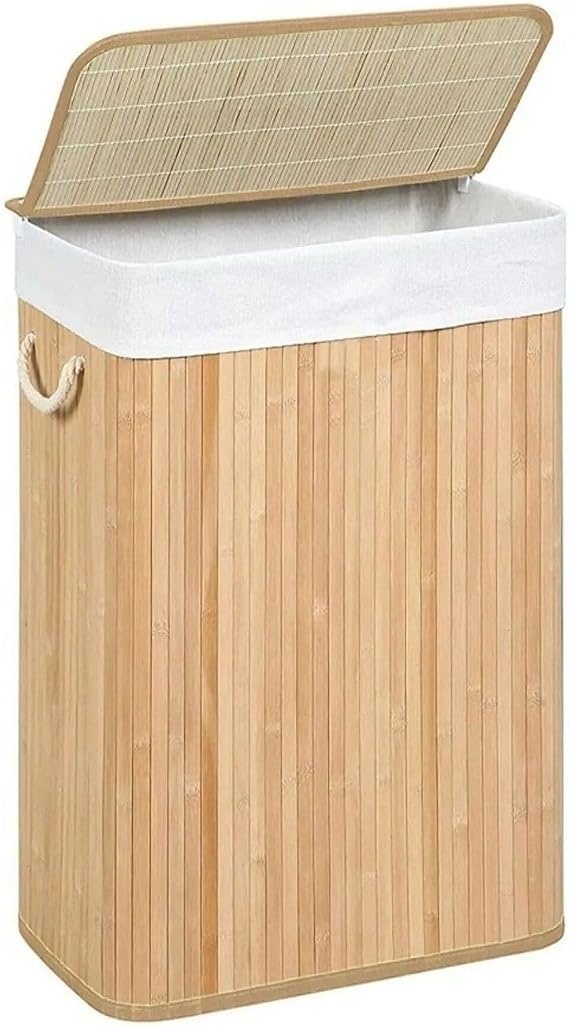 Bambu Kirli Çamaşır Sepeti, Dikdörtgen Form, Beyaz İç Kaplama, Kulplu