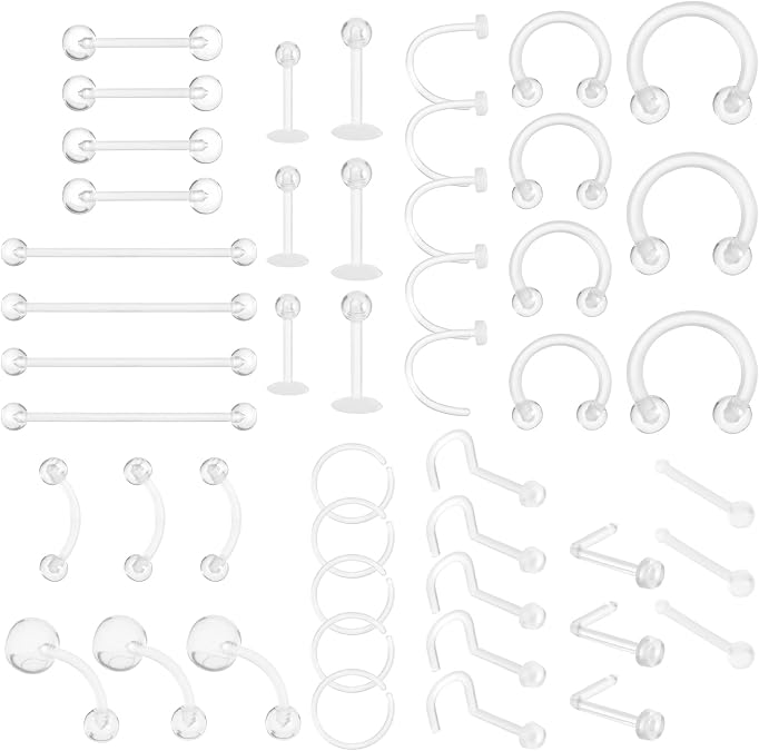 Clear Piercing Retainer Kit 48Pcs, BPA-Free Flexible Plastic Retainers