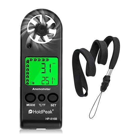 HOLDPEAK Pocket Anemometer Handheld Digital Wind Speed Meter Gauge Air Flow Velocity Temperature Measuring Device for Outdoor Sailing Surfing Drone Flying Golf Shooting HVAC 816B