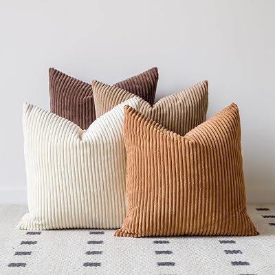 LANANAS Neutral Couch Throw Pillow Covers 18x18 Inch Set of 4 Decorative Farmhouse Boho Throw Pillows for Living Room, Couch, Bed, Sofa Soft Corduroy Accent Home Decor Neutral Brown, 18x18 Inch