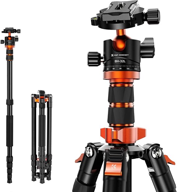 K&F Concept 78 Aluminum Camera Tripod | Ball Head, 26.4 lbs Load Capacity, Compact & Lightweight, For DSLR Cameras,Detachable Monopod,O255A6+BH-32L