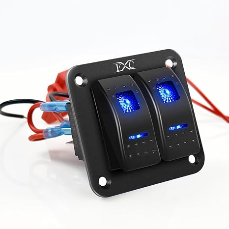 FXC Pre-Wired 2 Gang Rocker Switch Aluminum Panel with 40A Inline Fuse, Waterproof 6-Pin On-Off Car Boat Switch, Blue LED Switch Panel for Marine Boat Automotive RV Truck ATV Vehicles 12V/24V