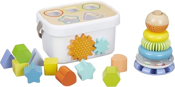 Amazon Basics Wooden Shape Sorter and Rainbow Stacker Classic Baby Toy Set, Medium, Multicolor