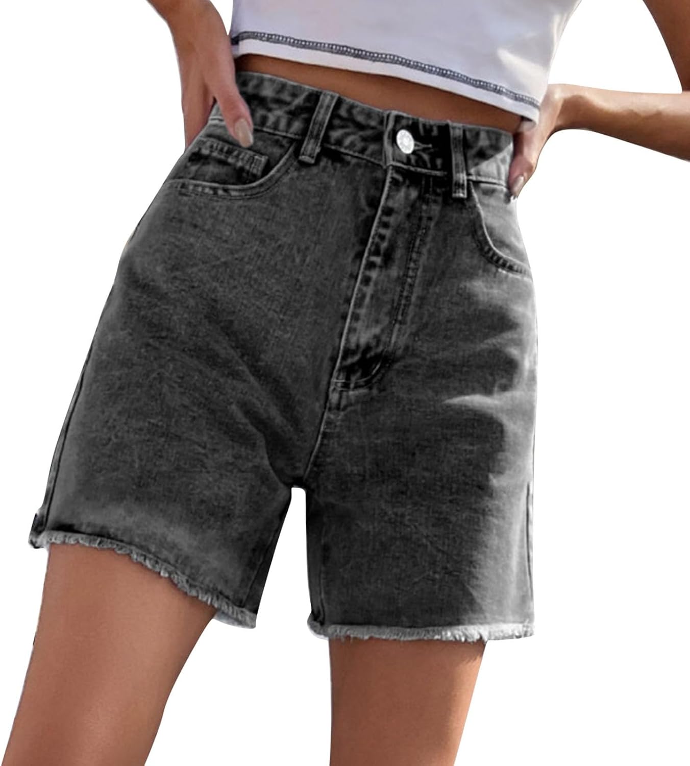 Bermuda Jean Shorts for Women High Waisted Trendy Stretchy Long Denim Shorts Straight Leg Cutoff Casual Pants wPocket