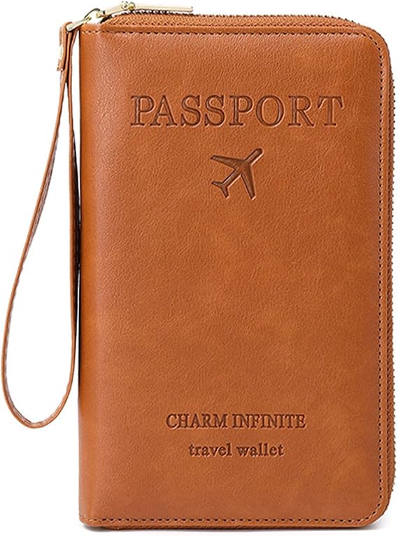 Rowgins Multi-Functional RFID Passport Wallet, Travel Wallet for Men & Women, Secure ID Card Organizer with Anti-Theft Protection, Slim Leather Cover for Credit Cards, Tickets, and Cash (Brown)