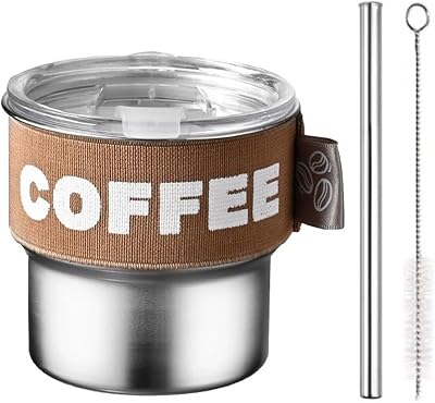 Stainless Steel Coffee Tumbler with Leak-Proof Lid - 13.5oz Portable Cup with Reusable Straw, Nylon Grip Band & Brush, Multi-Use Lid for Sipping or Straw Brown
