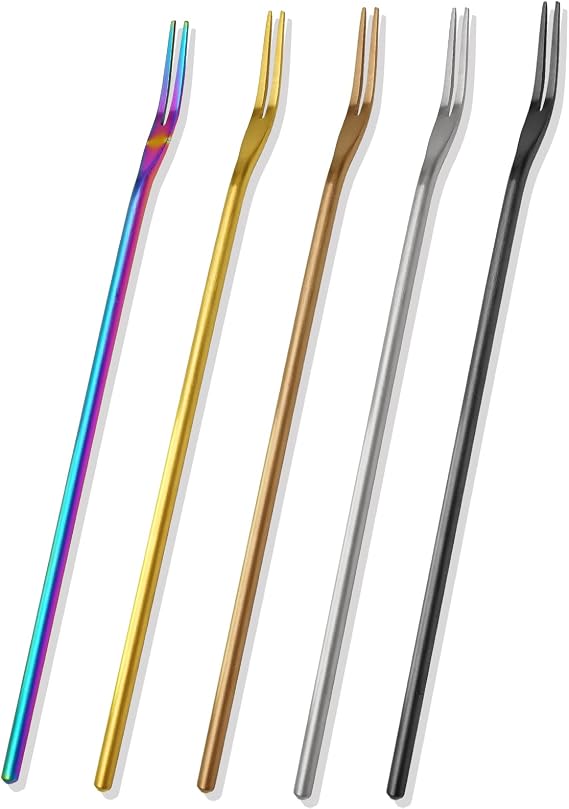 Hordion 5 Pcs Pickle Fork Olive Forks, 8.66 Inches Long Handle Appetizer Forks Stainless Steel Cocktail Forks, 2 Prong Fruit Fork Pickle Grabber, Multicolor, ZC2405132816