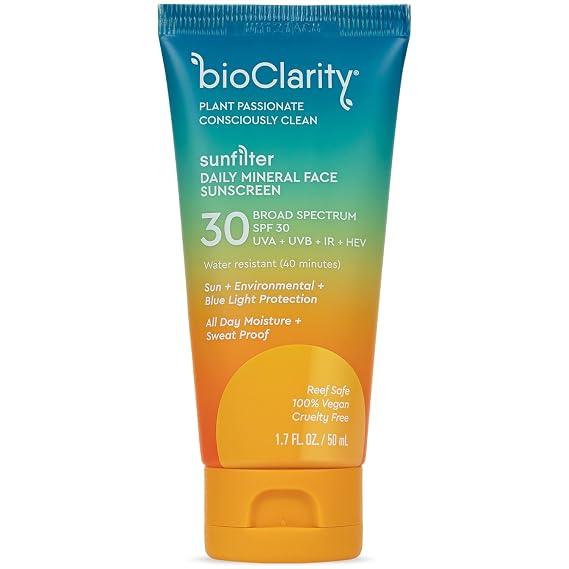 bioClarity SunFilter SPF 30 Mineral Sunscreen Face Lotion | Vegan & Reef Safe (Non-Nano 100% Mineral Zinc Oxide) | Water Resistant & Sweat-Proof