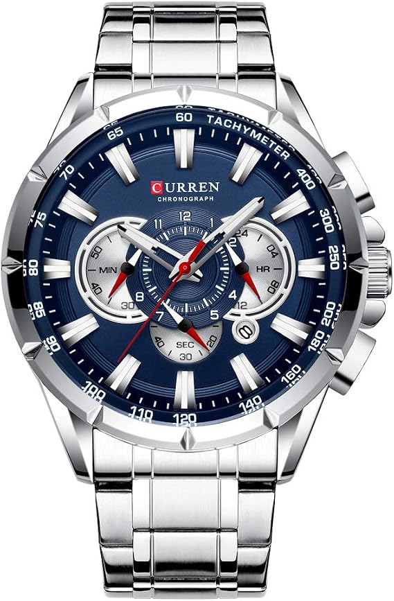 Wrist Watch Men Waterproof Chronograph Military Army Stainless Steel Male Clock Man Sport Watches 8363, Silver Blue, Chronograph,Quartz Movement