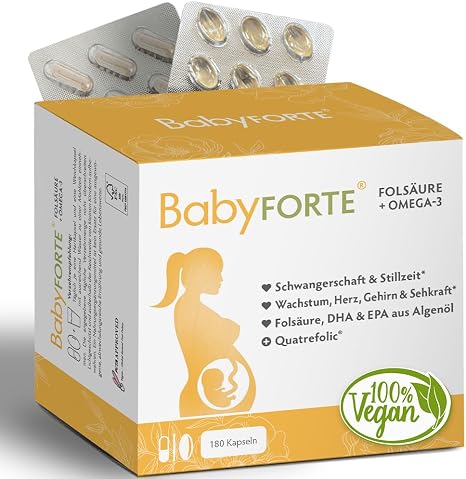 BabyFORTE® Folsäure + Omega-3 Algenöl vegan Trimesterbox 180 Kapseln 18 Schwangerschaftsvitamine Quatrefolic® Magnesium Jod DHA EPA Schwangerschaft Stillzeit