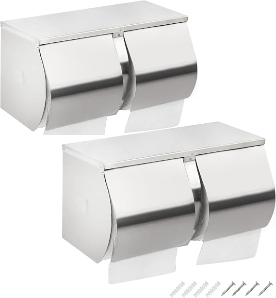 2Pack Double Roll Toilet Paper Holder Dispenser with Shelf Storage | Commercial 2-Roll Side by Side Stainless Steel Toilet tissue Holder/Dispenser Wall Mount for Bathroom/Restroom-Brushed Finish