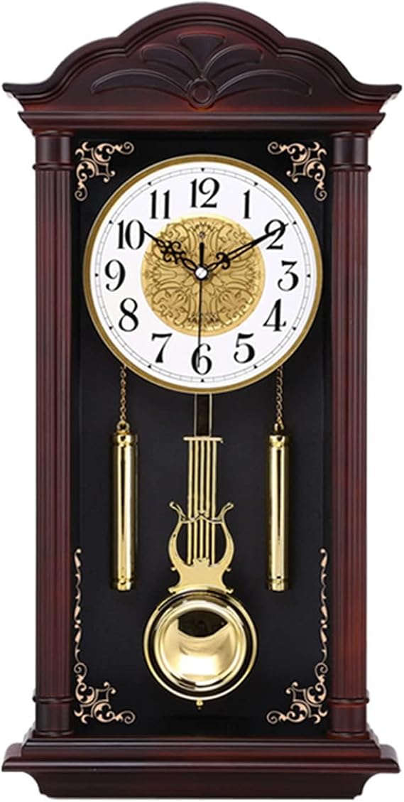 Grandfather Wood Wall Clock With Chime and Swinging Pendulum - 26in Traditional Silent Timepiece - Classic Chiming Design