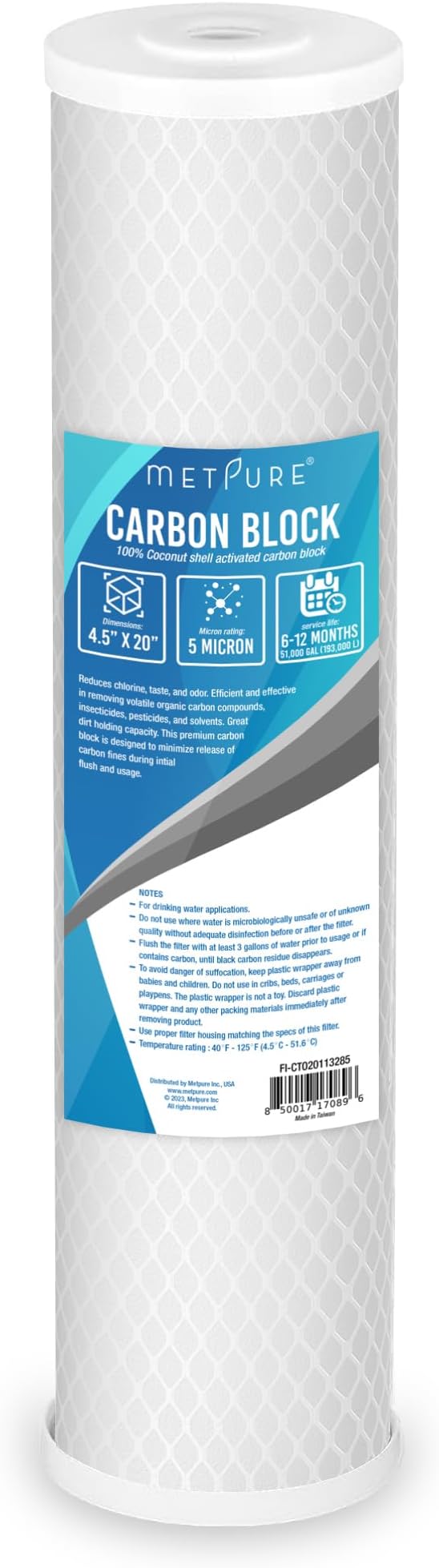Metpure 5 Micron 20" x 4.5" Carbon Block Water Filter, 1 Pack