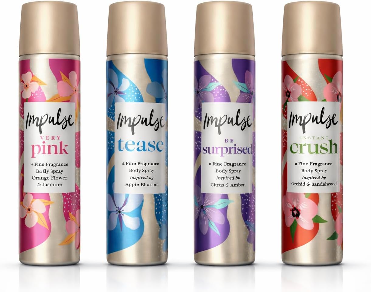 Impulse Body Spray Gift Set for Women; 4 x 75ml Variety Bundle (Tease, Very Pink, Instant Crush, Be Surprised); Includes CMP Signature Stationery Card; Everyday Handbag & Travel Size Refill