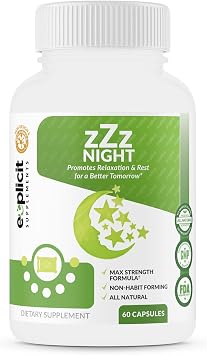 zZz Night Natural Sleep Aid - Non-Habit Forming with Melatonin, Valerian, Chamomile and More - Promotes Relaxation and Rest - 60 Capsules
