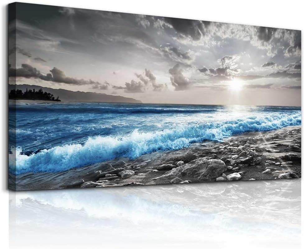 hyidecorart Wall Decor For Living Room Framed Canvas Wall Art For Office Bedroom Decorations Blue Ocean Wall Painting Black and White Beach Pictures Artwork Modern Mural Home Walls Decor