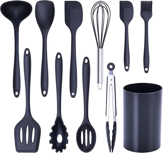 Silicone Cooking Utensils Set,Safety Food Grade Silicone Utensil Set,Heat Resistant,Non-stick Cookware Silicone Kitchen Utensils Set,Dishwasher Safe,11 Pcs Black