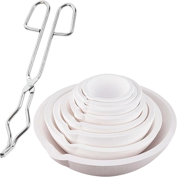 8 Pieces Ceramic Crucible Bowl Kit with Crucible Tong Quartz Melting Dishes Pot for Refining Casting Metal Gold Silver Copper Brass Alloy Beading Jewelry