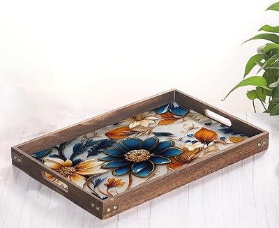 16x12 Blue Brown Poppy Flower Leaf Plant Vintage Wood Serving Tray Decorative Tray Faux Leather Finish Marbling Tray Modern Vanity Tray Serving Tray for Coffee Table Kitchen and Bathroom
