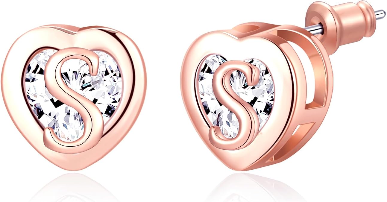 Earrings for Girls - Heart Initial Stud Earrings14K Gold/Rose Gold/Sliver Plated CZ Hypoallergenic Letter Initial Earrings Birthday Gifts for Girls Girlfriend Wife