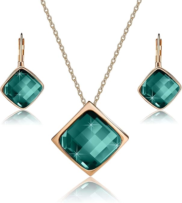 EVEVIC Austrian Crystal Square Pendant Necklace and Earrings Set for Women