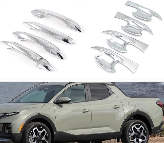 Car Chrome Mirror Side Exterior 4 Door Handles Cover + Bowl Cup Cover Compatible for Hyundai Santa Cruz 2022-2023-2024